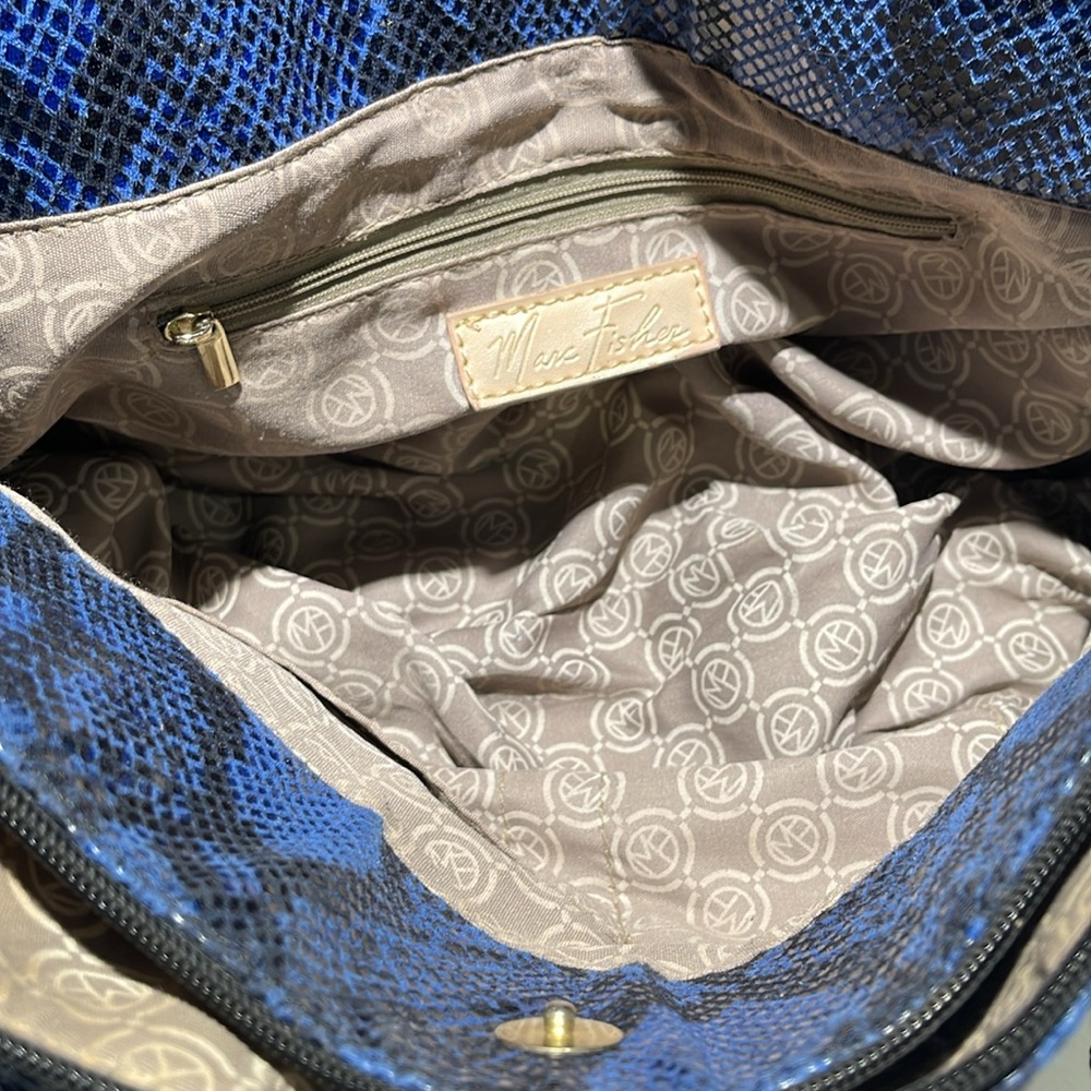 MARC FISHER Faux Snakeskin Shoulder Satchel, 3 Compartments,Navy/Black/Gold Trim - Picture 4 of 12